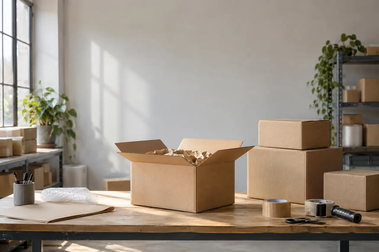 Cajas cerradas con cinta sobre una mesa de embalaje, junto a una ventana.