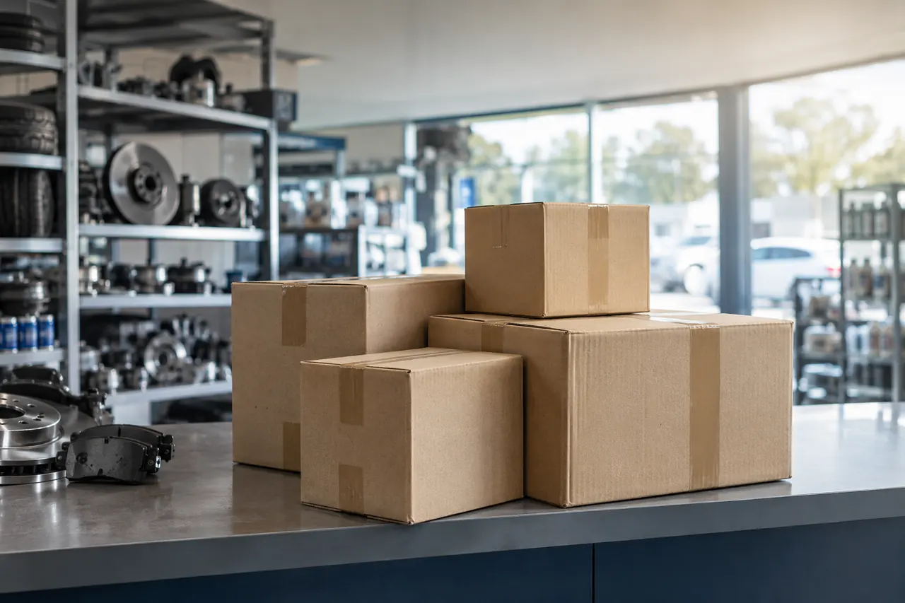 Cajas de varios tamaños apiladas en el mostrador de una tienda de recambios, listas para salir.